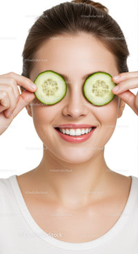 Bright Smiling Woman Holding Cucumber Slices Over Her Eyes for Skin Care