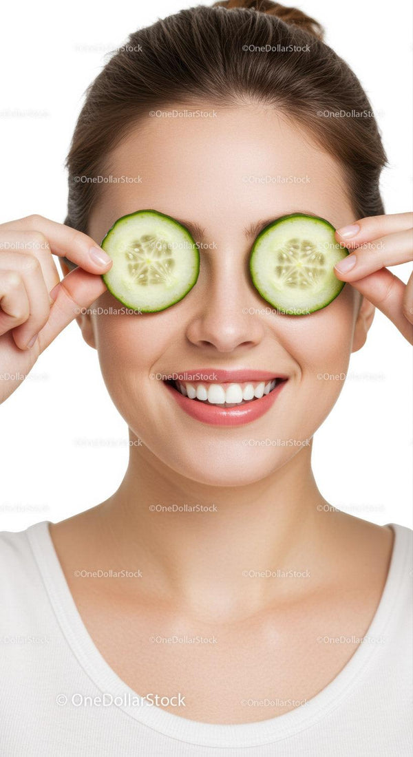 Bright Smiling Woman Holding Cucumber Slices Over Her Eyes for Skin Care
