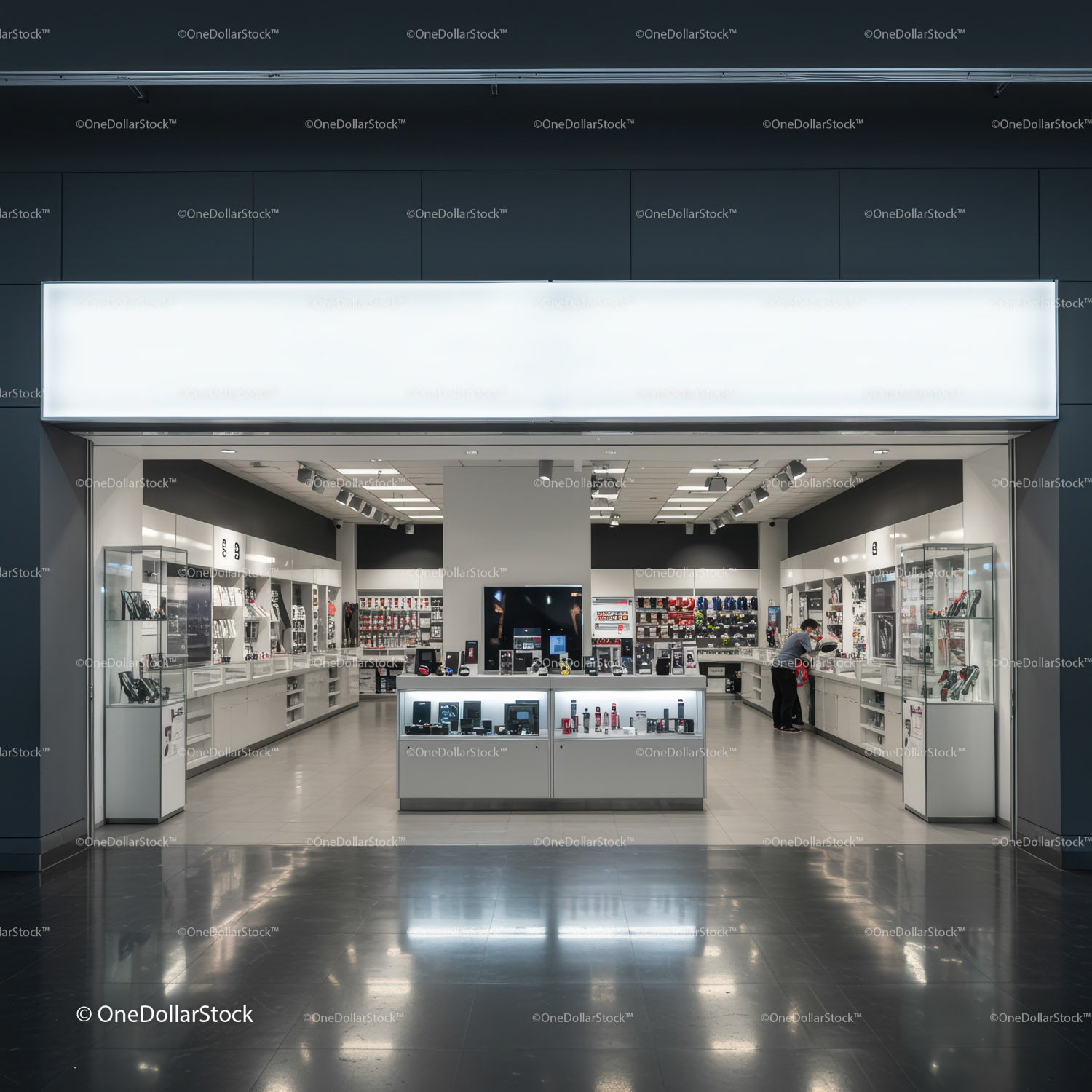 Modern electronics retail store interior with product displays