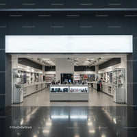 Modern electronics retail store interior with product displays