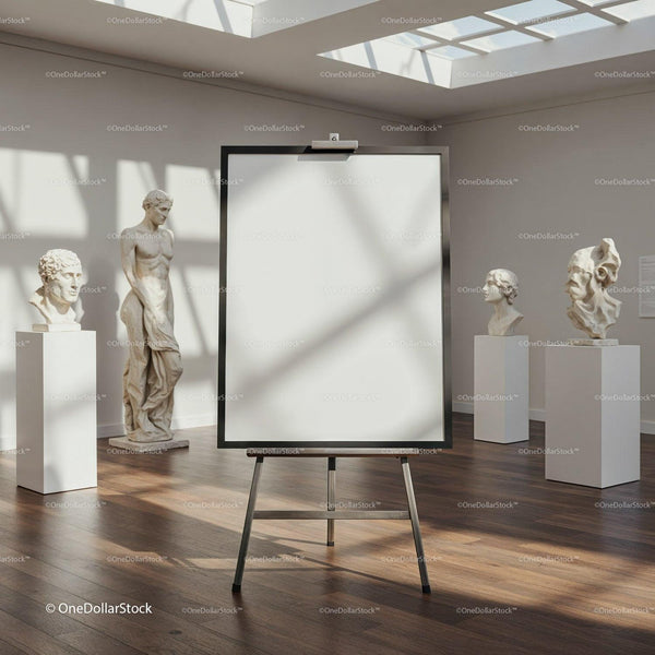 Empty Canvas on Easel in Bright Art Gallery Room JPG Mockup Image
