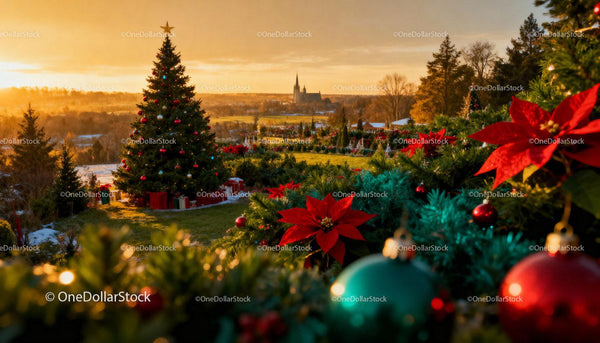 Sunset Illumined Christmas Tree in Festive Outdoor Setting