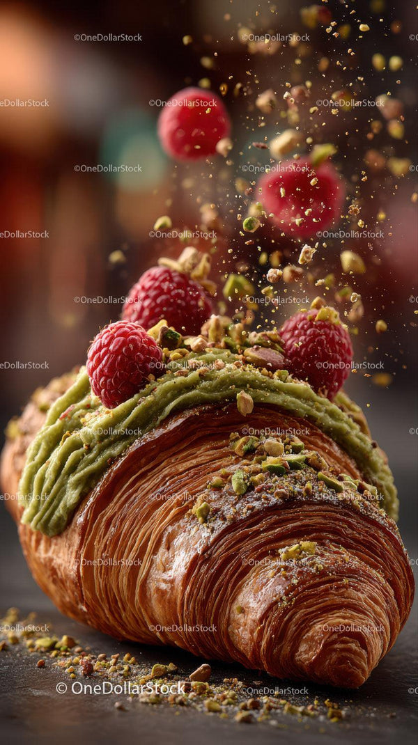 Gourmetowy rogalik z malinami i pistacjami na ciemnym tle