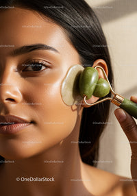 Young Woman Using Jade Roller for Facial Skincare and Rejuvenation