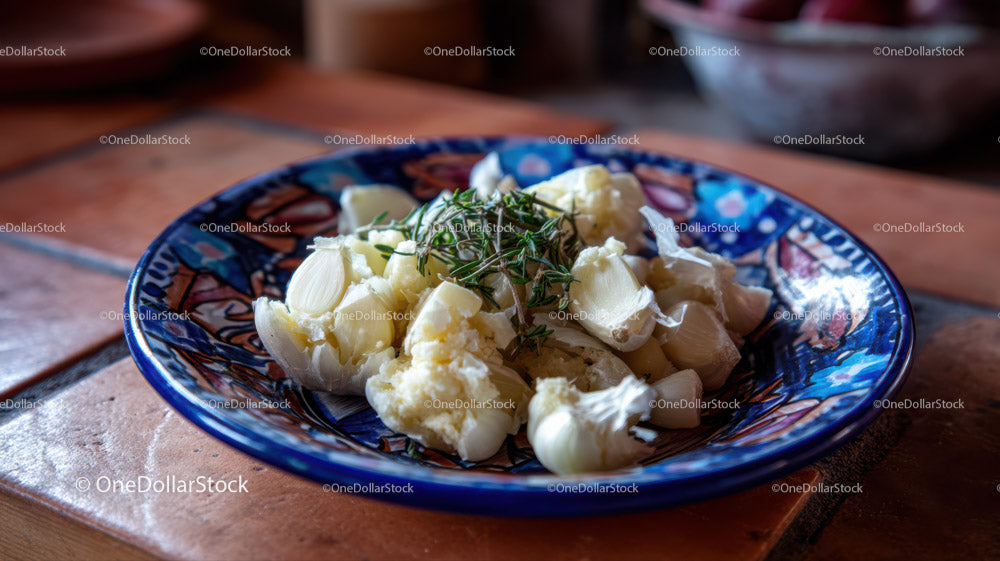 Fresh Garlic Cloves with Herbs on Rustic Kitchen Table