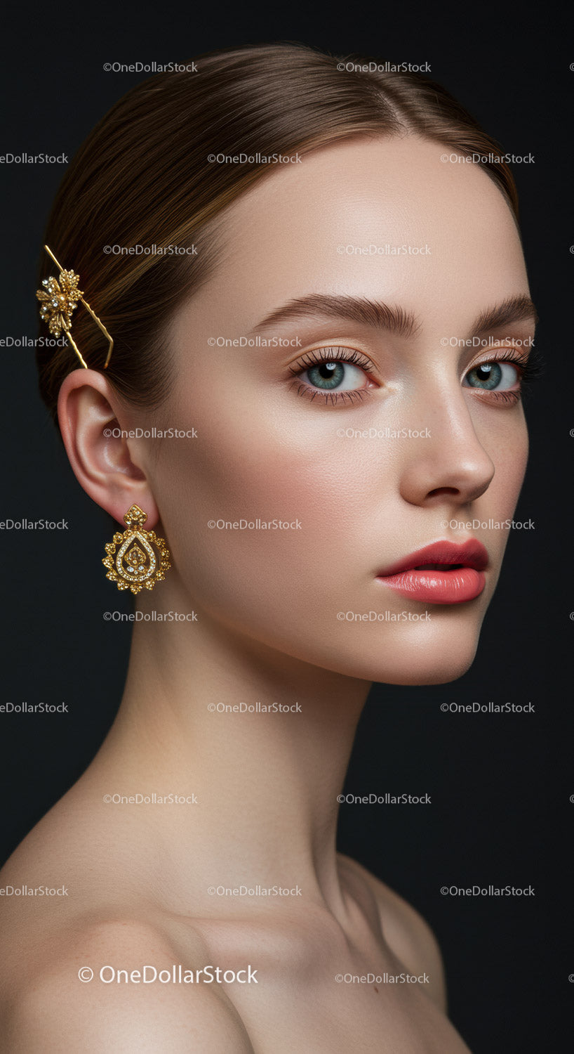 Elegant Woman with Gold Jewelry and Perfect Makeup