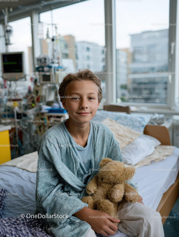 Young Boy with Teddy Bear in Hospital Room with Medical Equipment
