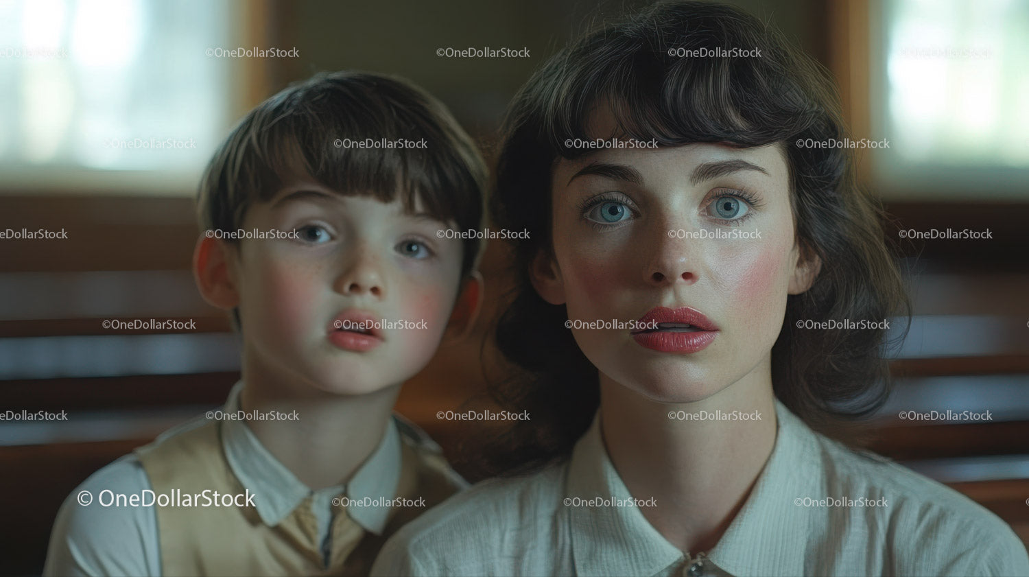 Kobieta w dramatycznym makijażu i młody chłopiec w nostalgicznej scenie w pomieszczeniu