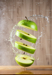 Fresh green apple slices suspended with water splash