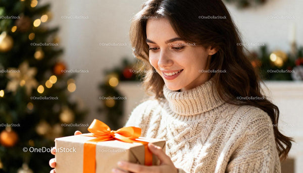 Smiling woman holding gift box by Christmas tree