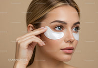 Close-up of a young woman applying under-eye patches for skincare