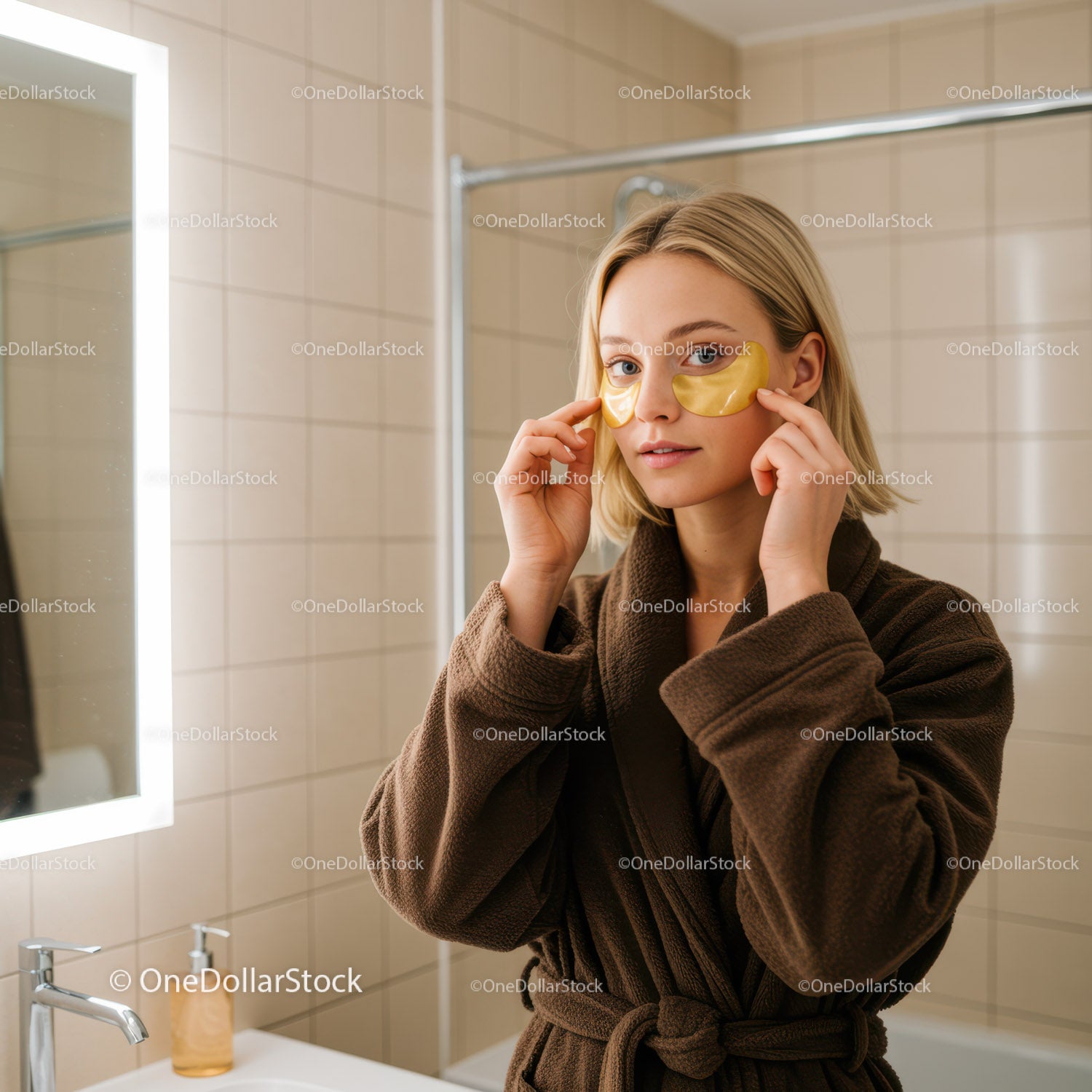 Young Woman Applying Under Eye Gel Patches in Bathroom
