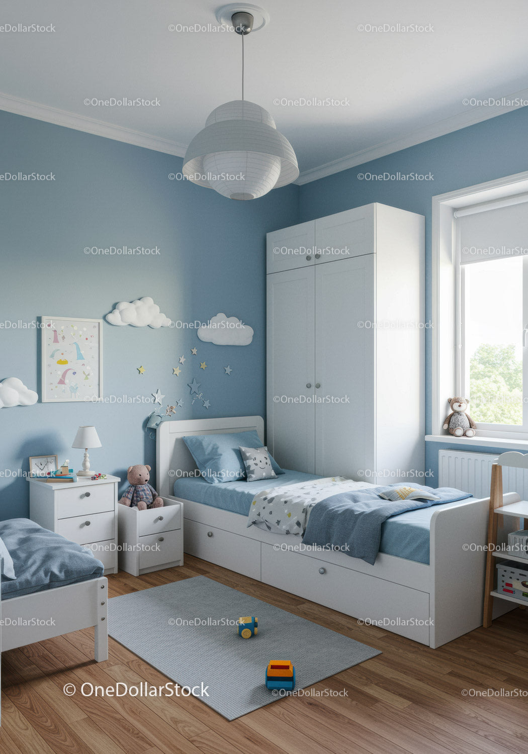 Bright Children's Bedroom with Blue Walls and Cozy Decor