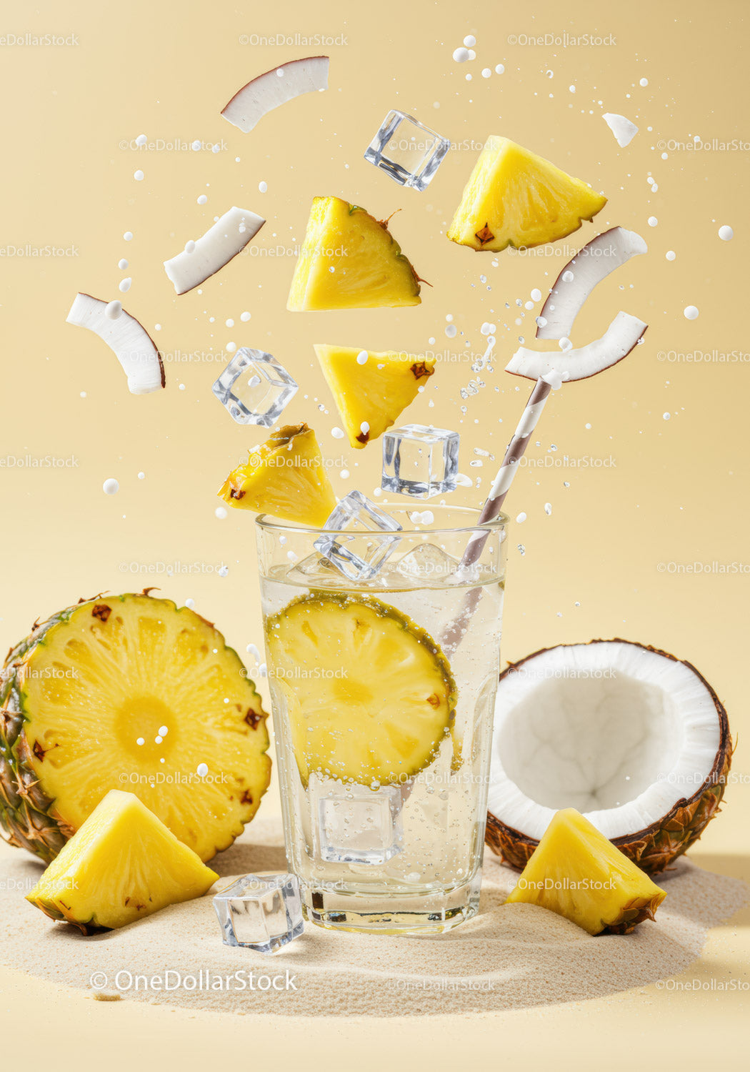 Refreshing tropical pineapple coconut drink with ice cubes