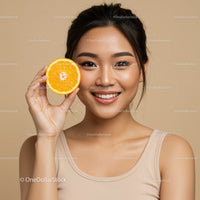 Joyful Woman with Fresh Orange Slice Over Beige Background