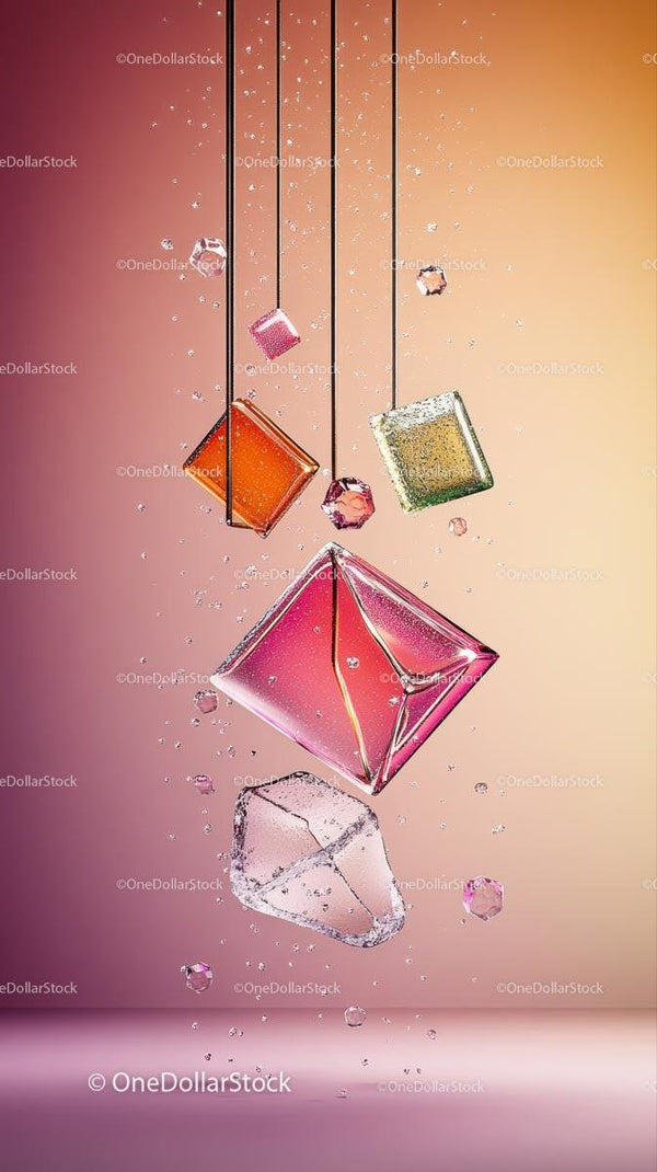 Colorful Floating Geometric Jewelry in Vibrant Artistic Composition