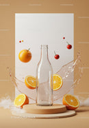 Fresh oranges and cherry tomatoes with glass bottle splash