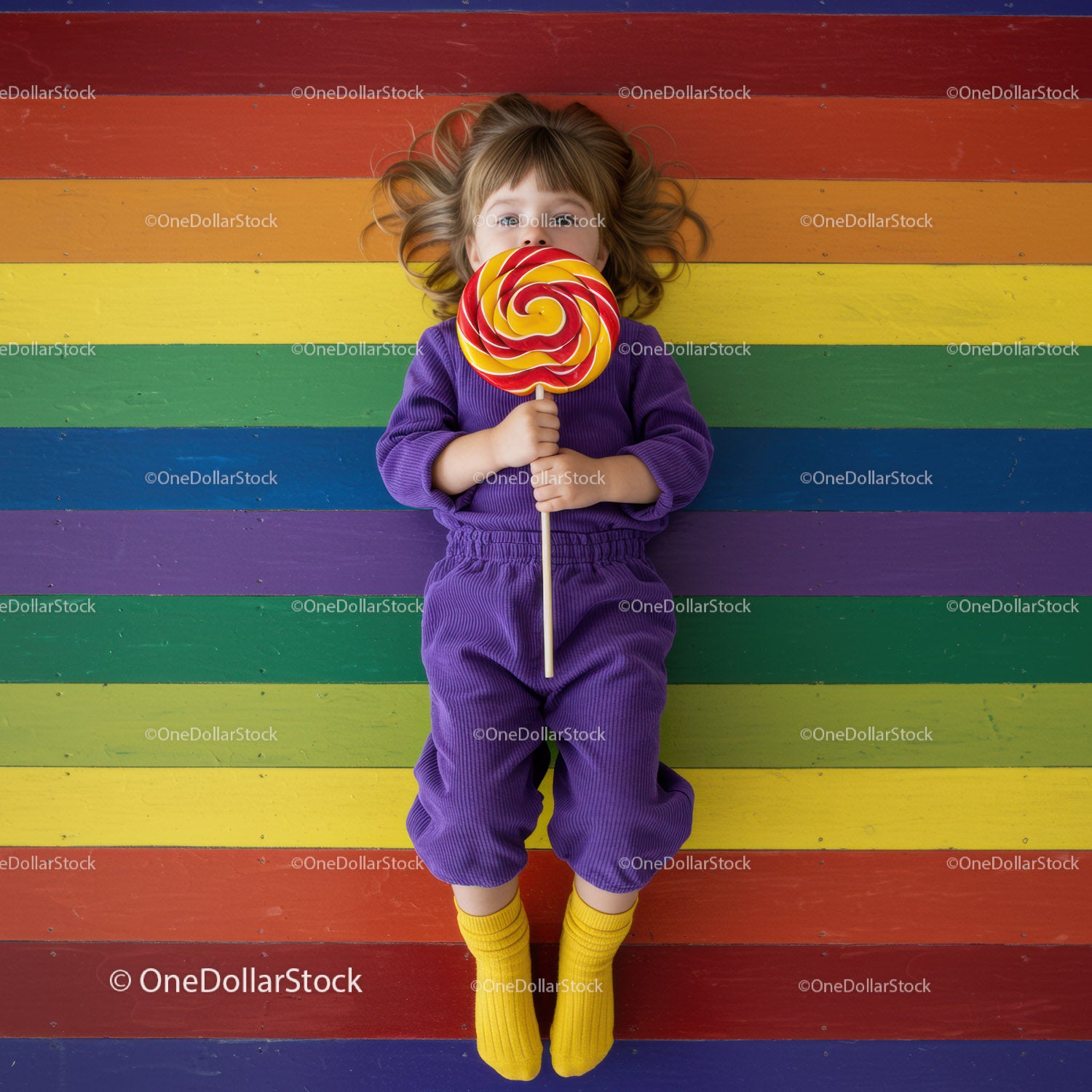 Child in Purple Outfit Holding Large Swirl Lollipop