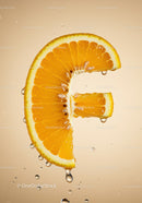 Fresh orange slice shaped like letter F with water drops