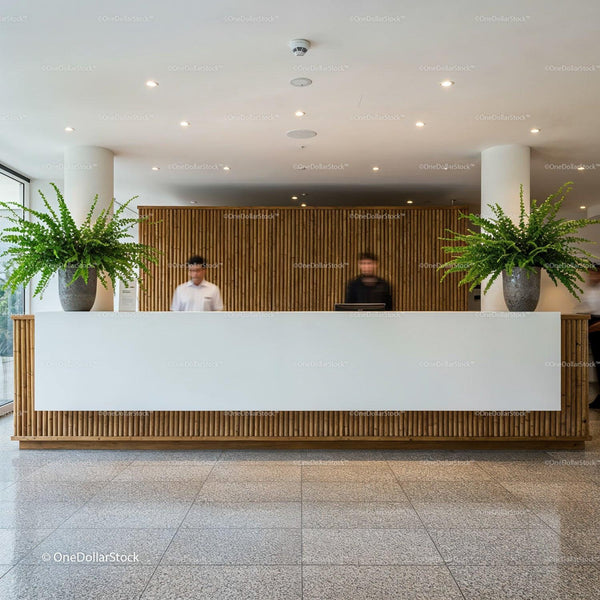 Modern hotel reception desk with stylish bamboo design JPG Mockup Image