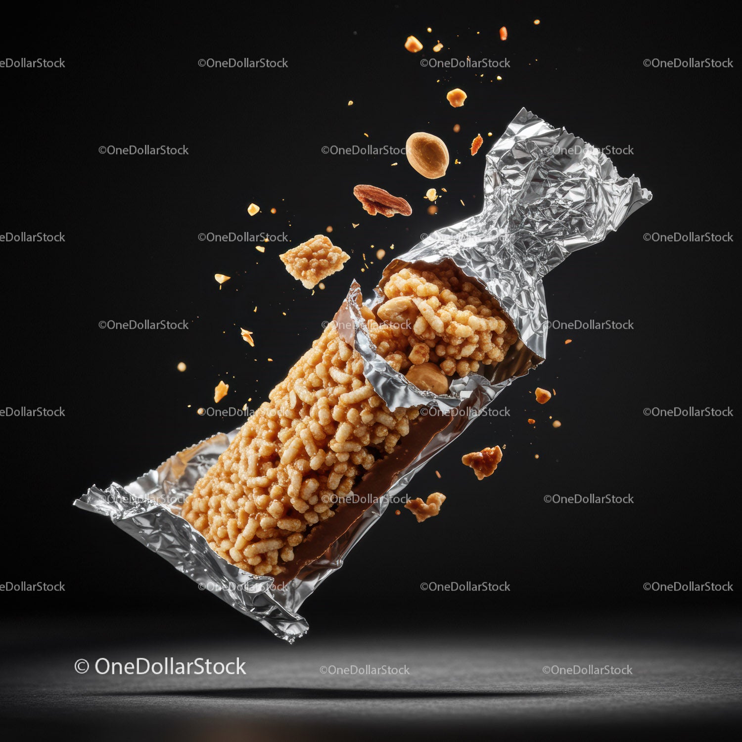 Crunchy cereal and nut bar bursting from wrapper