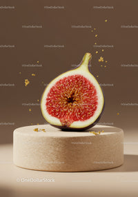 Fresh fig half with golden sparkles on beige pedestal