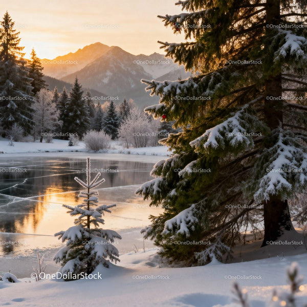 Winter landscape with snowy pine trees and frozen lake
