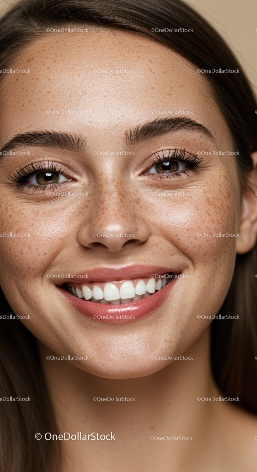 Close up portrait of smiling woman with freckles