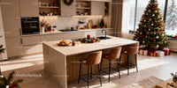 Modern kitchen with festive Christmas decorations and tree
