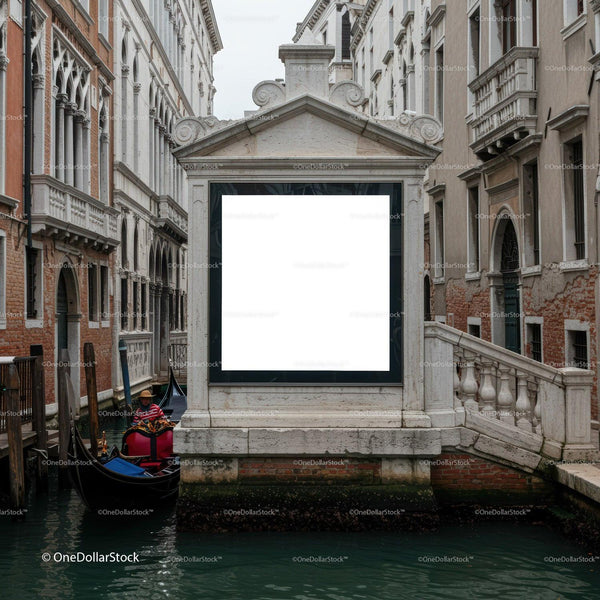 Venetian gondolier navigating narrow historic canal JPG Mockup Image