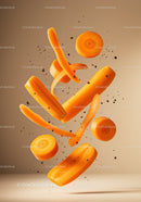 Fresh carrot slices and peels suspended in air
