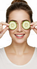 Happy Woman with Cucumber Slices Over Eyes for Skincare and Relaxation