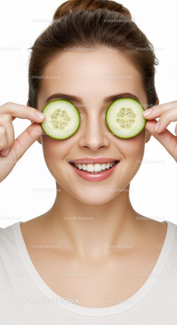 Happy Woman with Cucumber Slices Over Eyes for Skincare and Relaxation