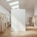 Minimalist fashion boutique with neutral tone clothing