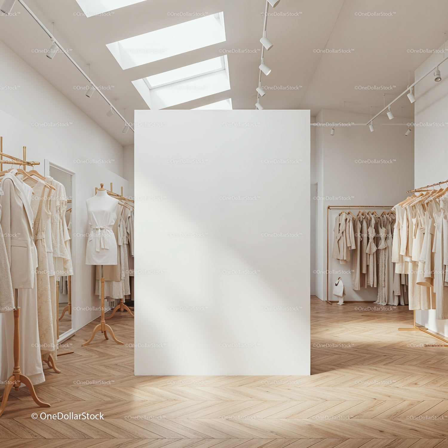 Minimalist fashion boutique with neutral tone clothing