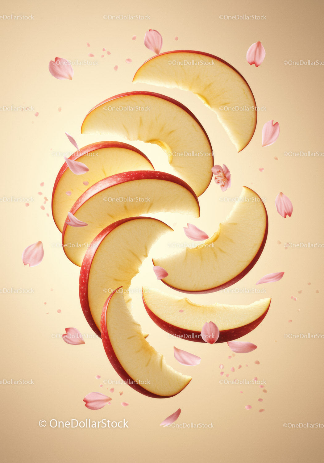 Fresh apple slices floating with delicate pink petals