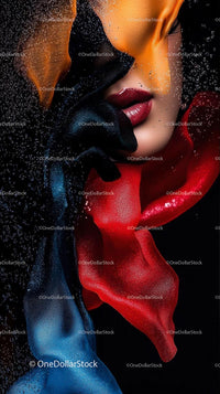 Fashion Portrait of Woman with Water Droplets and Colorful Silk Fabrics