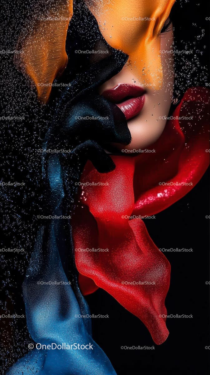 Fashion Portrait of Woman with Water Droplets and Colorful Silk Fabrics