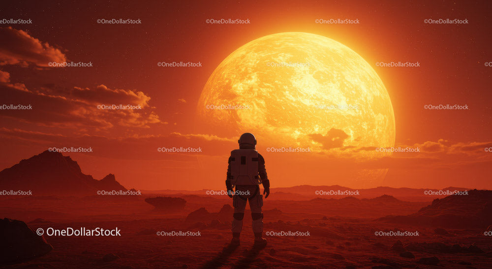Astronauta na obcej planecie z dużym słońcem w krajobrazie science fiction