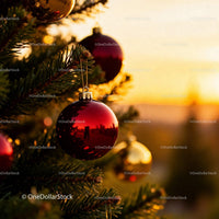 Red Christmas Ornaments Reflecting Sunset on Pine Tree