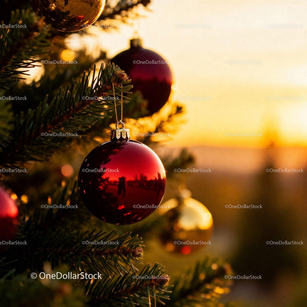 Red Christmas Ornaments Reflecting Sunset on Pine Tree
