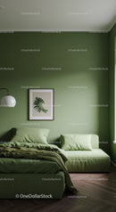 Green Bedroom with Modern Decor and Framed Leaf Art