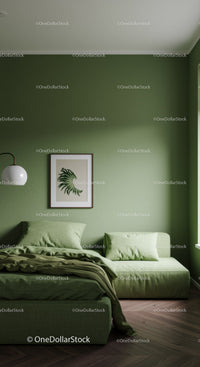 Green Bedroom with Modern Decor and Framed Leaf Art