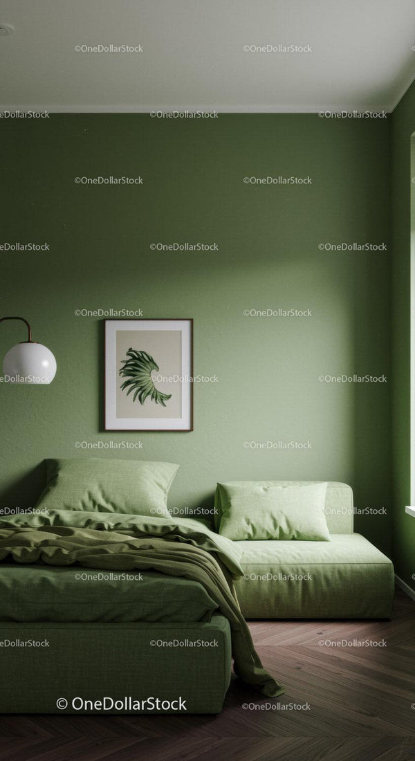 Green Bedroom with Modern Decor and Framed Leaf Art