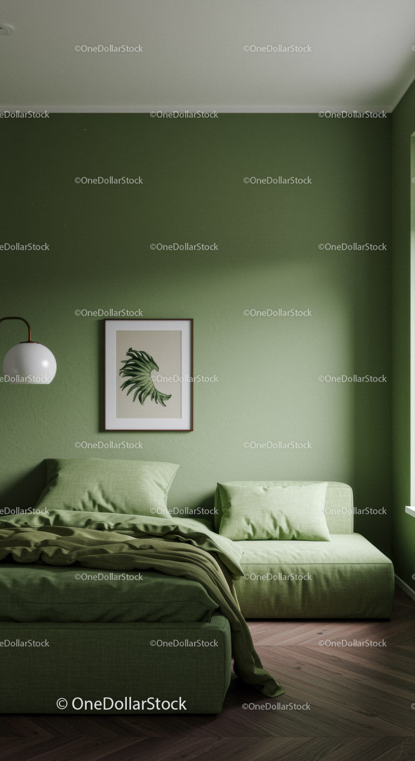 Green Bedroom with Modern Decor and Framed Leaf Art