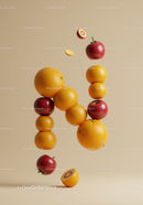 Floating fruits forming the letter N on beige background