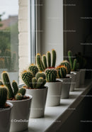 Collection of Green Cacti in White Pots on Windowsill for Indoor Decor