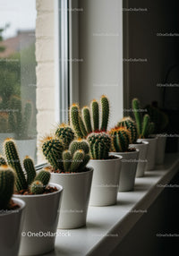 Collection of Green Cacti in White Pots on Windowsill for Indoor Decor