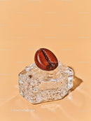 Single coffee bean resting on clear ice cube