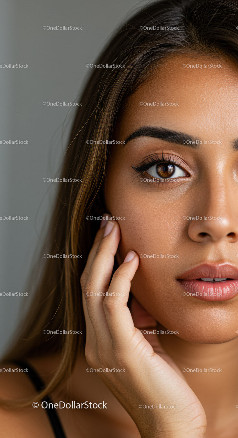 Beautiful Close-Up of a Young Woman with Clear Skin and Brown Eyes